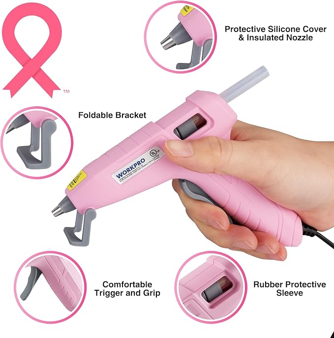 WORKPRO Mini Hot Glue Gun with 20 Pcs Hot Glue Sticks, Glue Gun Kit for Decorations, Arts, Crafts, School DIY Projects and Home Repairs- Pink Ribbon