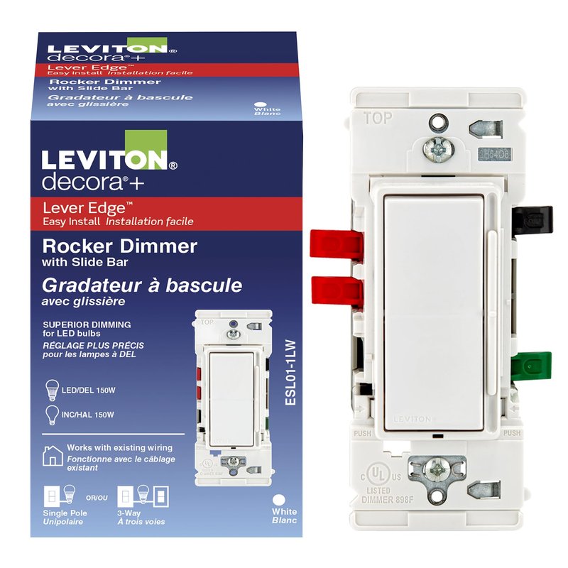Leviton Lever Edge Rocker Slide Dimmer Switch for LED/Incandescent Bulbs, 150 Watt, Single Pole or 3-Way, ESL01-1LW, White