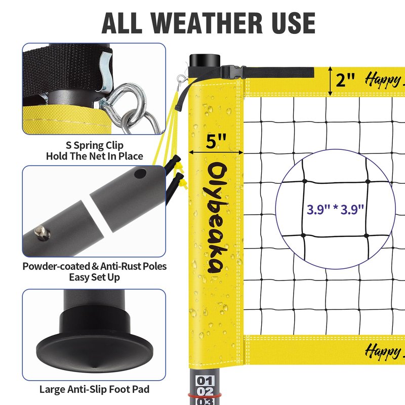 32ft / 20ft Portable Outdoor Volleyball Net Set for Grass Backyard Beach with 1.25" Height Adjustable Steel Poles, 28-ply Durable PE Net, PU Volleyball & Pump, Carry Bag (Yellow, 20ft)