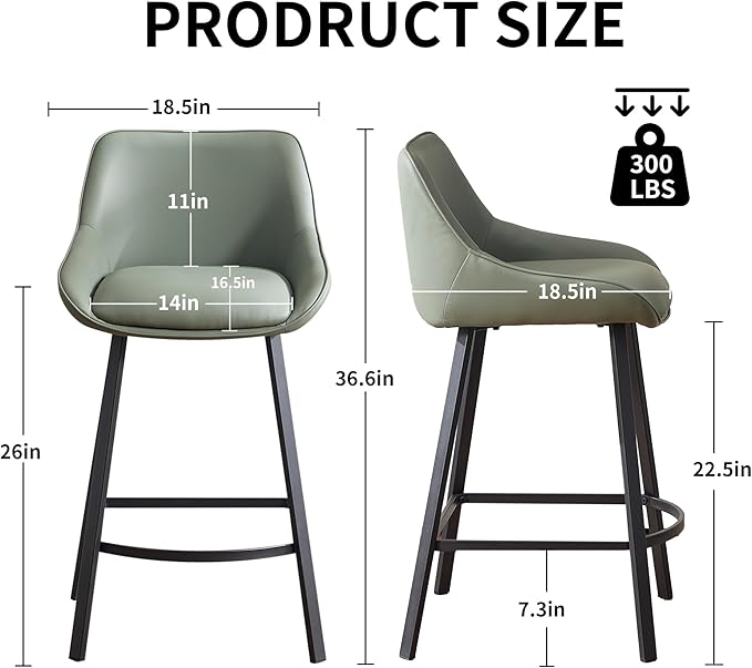 26" Modern Bar Stools Set of 2, Faux Leather Upholstered Bar Stools, Counter Height Bar Chairs with Back for Kitchen, Dining Room, Cafe, Bar - Green