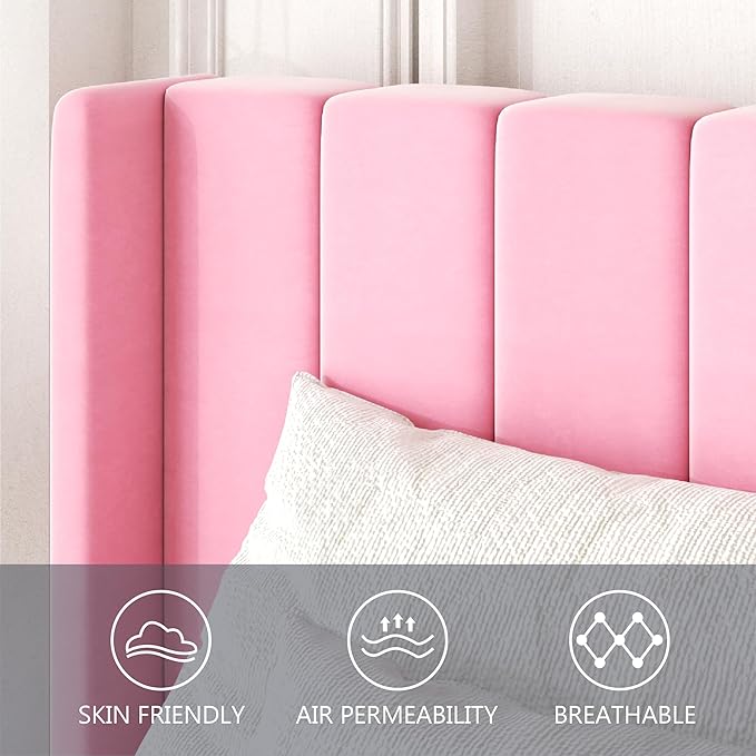 Full Size Bed Frame with Upholstered Wingback Headboard, Easy Assemnly Platform Bed, Wooden Slat Support No Box Spring Needed, Pink