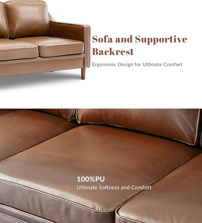 Kingfun Living Room Furniture Sets, 3 Seater Couch, Armchair and Loveseat, Mid Century Modern Sofa Set, Faux Leather Couch with Solid Wood Frame for Living Room & Bedroom, Brown
