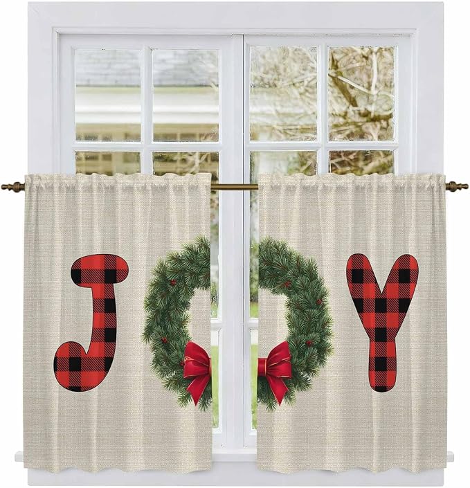 Red Green Christmas Kitchen Tier Curtains 45 Inch Long 2 Panel Set, Rod Pocket