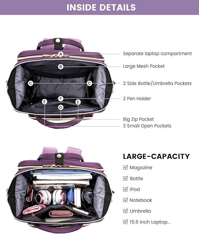 LOVEVOOK 17.3 Inch Laptop Backpack, Large Travel Backpack for Women, Water Resistant Teacher Backpack with Laptop Compartment, Professional Business Work bags with Charger, Dark Purple