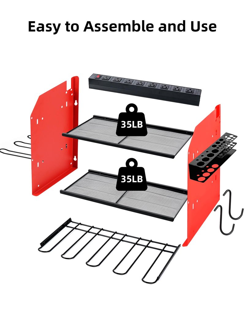 Power Tool Organizer wtih Charging Station，3 Layers Storage Rack with Screwdriver Rack 6 Drill Holders 8 Outlets Max Load 110lbs，for Workshop Garage Organizers and Storage Tool Battery Holder (Red)