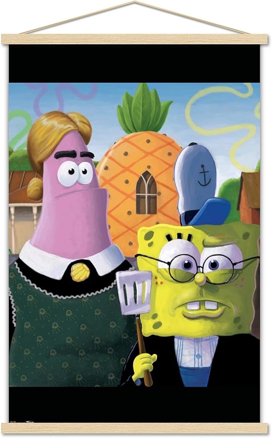 Trends International Nickelodeon Spongebob - American Gothic Wall Poster, 22.375" x 34", Premium Print and Beechwood Hanger Bundle