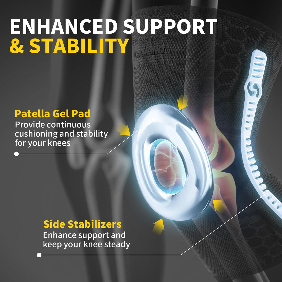 CAMBIVO Knee Brace for Knee Pain, Medical Grade Knee Compression Sleeve with Side Stabilizers & Patella Gel Pad for Meniscus Tear, Arthritis, ACL, Running,Workout, Daily Use(Black, Large)