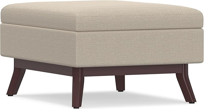 SIMPLIHOME Owen Coffee Table Storage Ottoman - 34 inch Wide Upholstered Linen Look Fabric Rectangular Lift-Top Ottoman in Natural, Mid-Century Modern Bench for Living Room with Tapered Legs