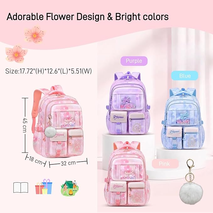 Kids Backpack School Bags for Girls, Cute Princess Backpack Multi-pocket Elementary School Students Bookbag for Girls, Blue