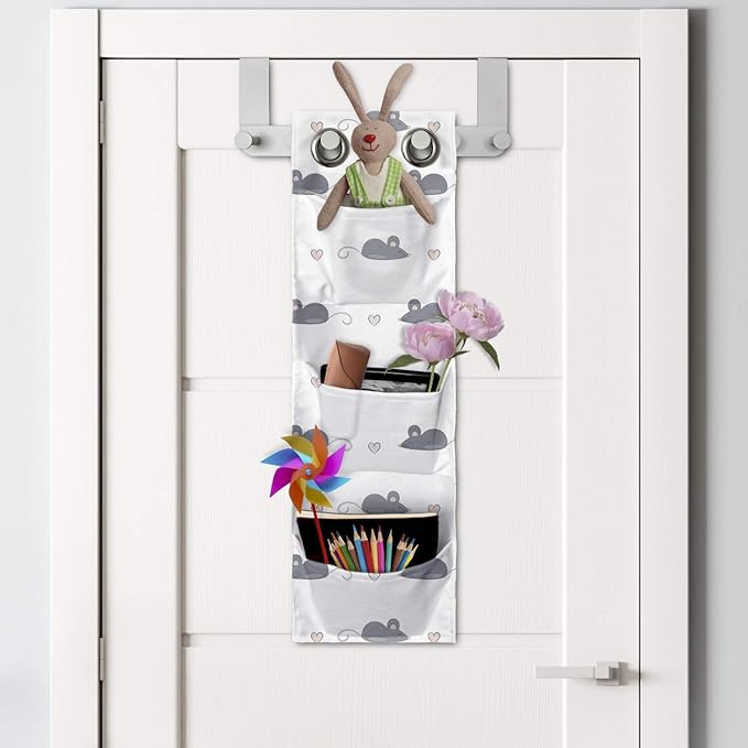 Ambesonne Mouse Hanging Pocket Organizer, Layout of Repetitive Rodents and Mini Hearts in a Hand Drawn Doodle Like Style, Printed Polyester Storage Bag with Pockets, 9" x 27", Dimgray and White