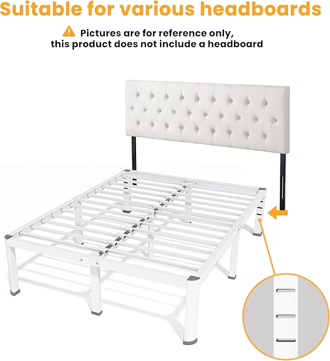 18 Inch Queen Size Metal Bed Frame with Round Corners, Storage Space Under High Bed Frame-Heavy Duty Steel Slats Support, Noise Free - Easy Assembly - No Box Spring Needed,White