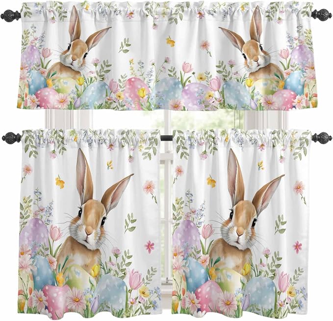 Kitchen Curtains Tiers and Valance Set of 3, Easter Light Filtering Window
