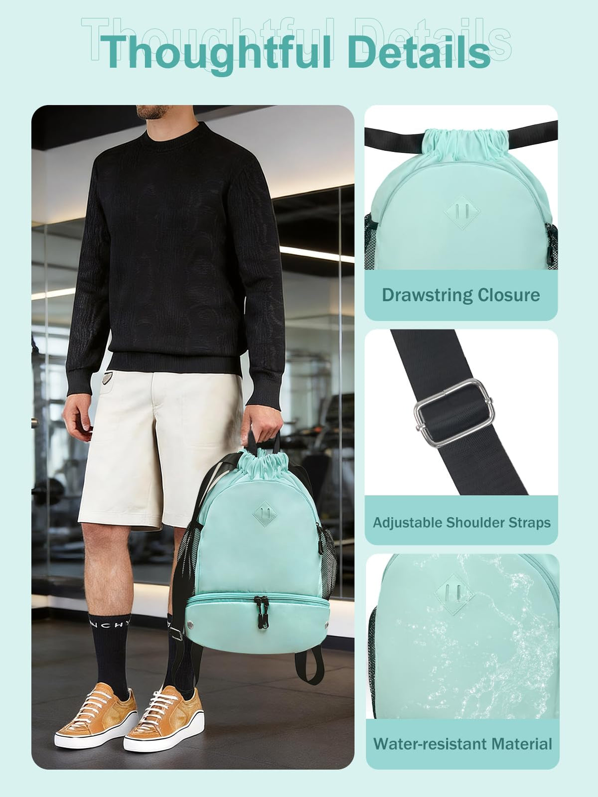 RHDZO Drawstring Backpack Gym Backpack with Shoe Compartment for Men Women String Sports Bag with Wet Pocket Cinch Swim Beach Bag, Large Mint Green