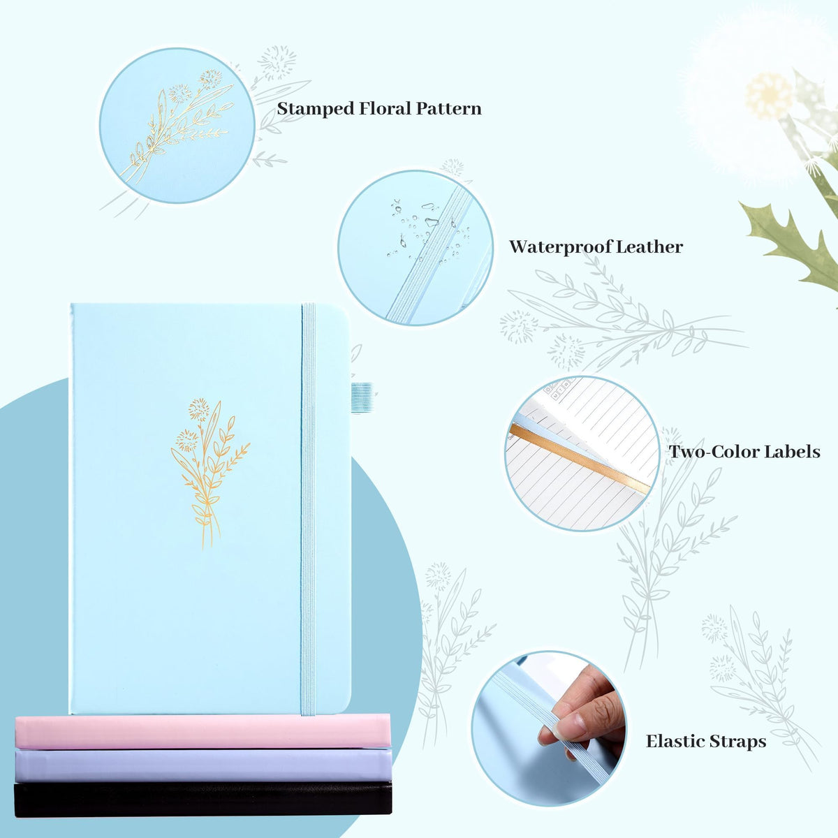 Lined Journal Notebook for Women Cute Leather Journaling Notebooks for Writing 192 Pages A5 Hardcover Aesthetic Floral Diary, 5.7 x 8.3 in, Blue