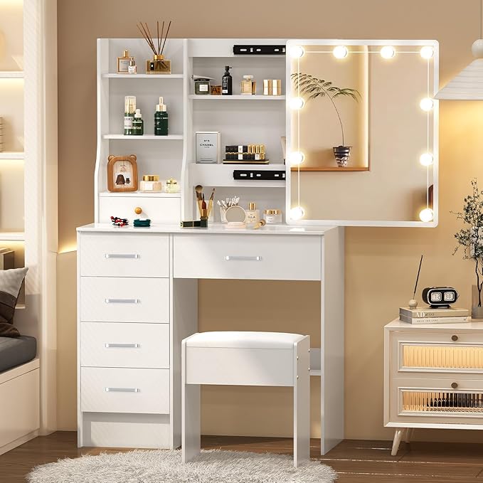 Small Vanity Desk with Sliding Mirror & Bulbs Lights, 3 Color Light Settings Makeup Table with 6 Storage Drawers and 6 Shelves, Bedroom Dressing Table with Chair for Girls, White
