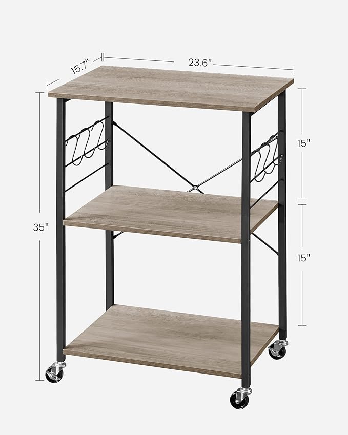 VASAGLE Kitchen Shelf on Wheels, 23.6 Inches Serving Cart with 3 Shelves, Kitchen Cart, Microwave Shelf, for Mini Oven, Toaster, with 6 Hooks, Industrial Style, Heather Greige and Ink Black UKKS060B02