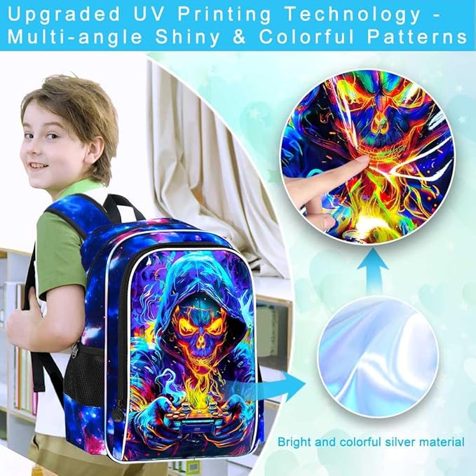 KLFVB 3PCS Bookbag for Boys, 17" Kids Gaming School Backpack and Lunch Box, Water Resistant Backpack for Teenagers Middle Elementary - Skull Game