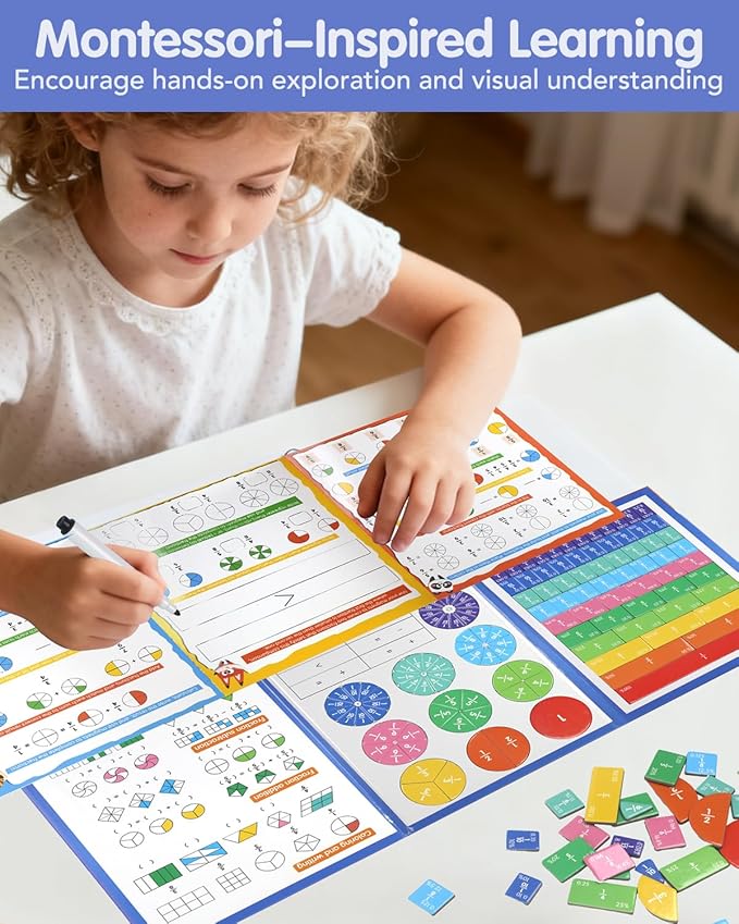 Magnetic Fraction Demonstration Book, Magnetic Fraction Tiles & Circles Educational Puzzle Set, Montessori Fraction Book for Kids, Math Manipulatives for Elementary School