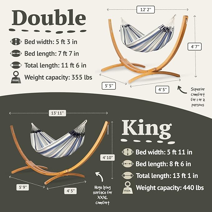 LA SIESTA® - Large Double Brisa Classic Hammock & Elipso Stand - Larch Wood Hammock Stand - Weather & Tear Resistant - Backyard Outdoor Hammock with Stand - 2-Person, Max 355 Lbs, Sea Salt