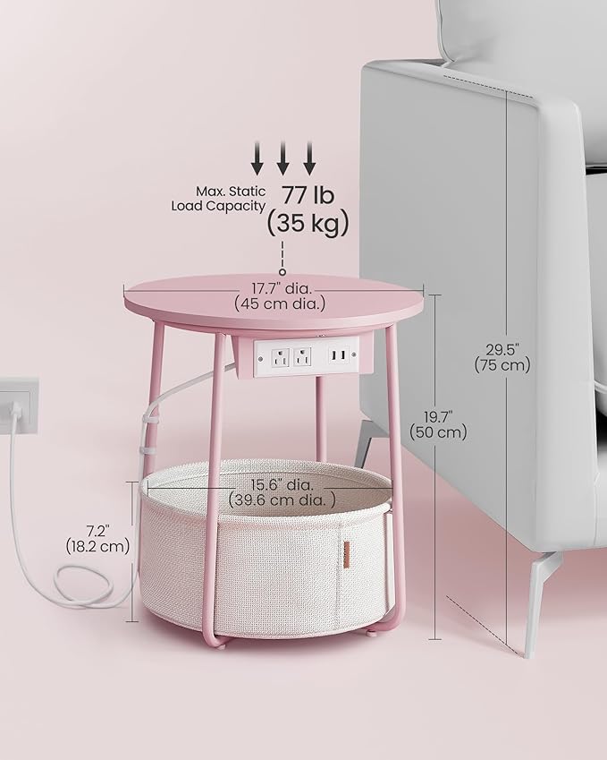 VASAGLE LILEA Collection - Side Table with Charging Station, Round End Table with Fabric Basket, Nightstand with USB Ports, for Living Room, Bedroom, Modern, Jelly Pink and Cream White ULET228R01