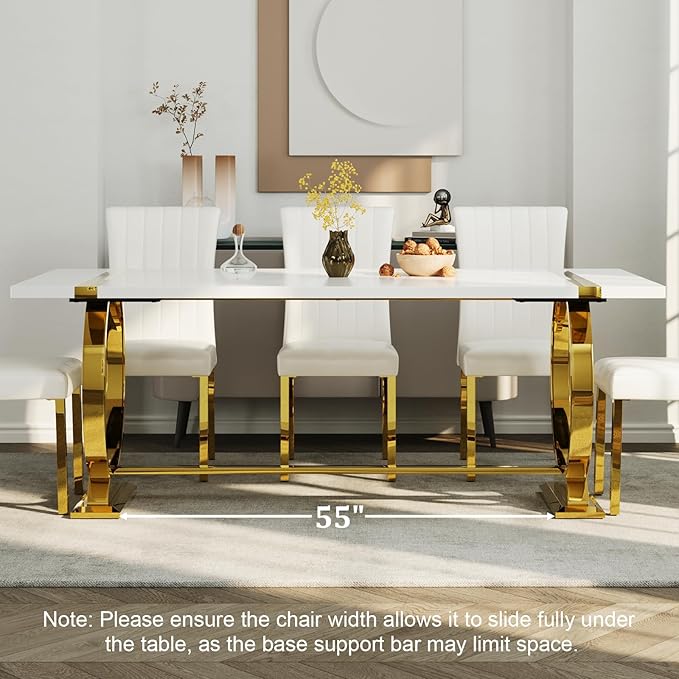 ACEDÉCOR 80in White and Gold Dining Table for 6-8, Modern Luxury Kitchen Room Table with Rectangular Lacquer Top and Gold Stainless Steel Circle Base