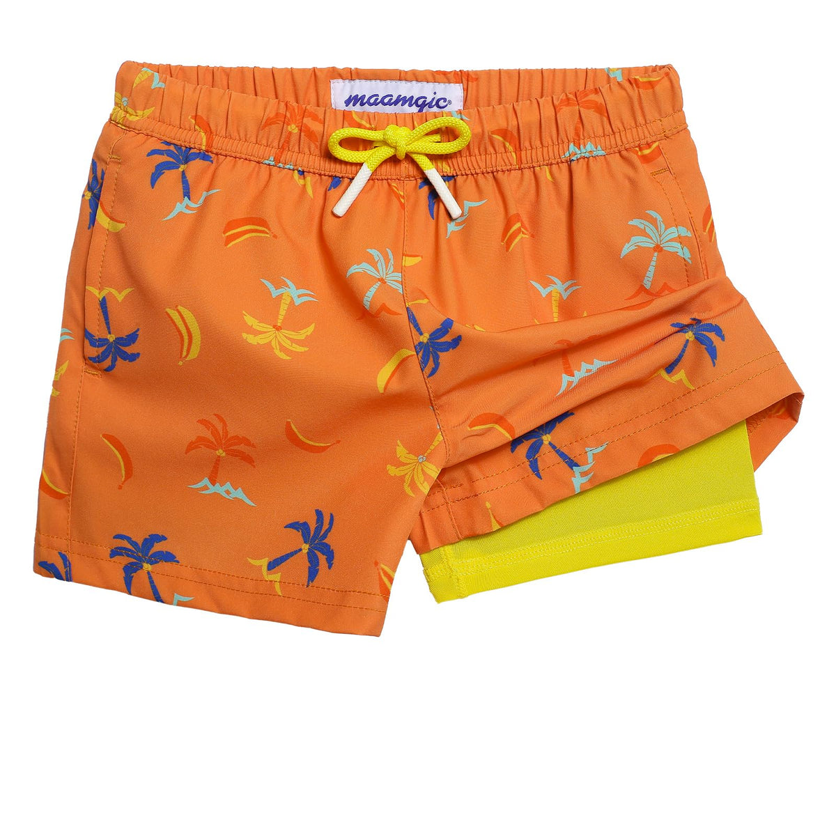 maamgic Boys Swim Trunks with Compression Liner 4-Way Stretch Quick Dry Swim Shorts Swimming Trunks Toddler Boy Coconut Orange 3T