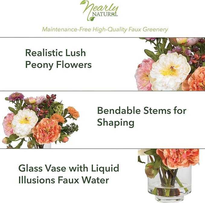 Nearly Natural Mini Artificial Peony Floral Arrangement, Faux Flowers for Table Shelf Decor, Assorted Colors