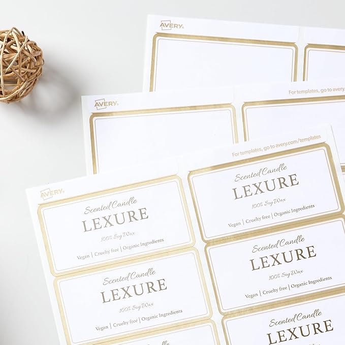 Avery Printable Rectangle Labels, 2" x 4" Blank Labels, Shipping, Matte White, Metallic Gold Border, Permanent Adhesive, Laser/Inkjet Printable, 100 Total (6541)