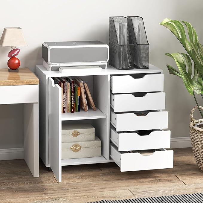 5-Drawer Wood Drawer Cabinet, Office Storage Cabinet with Adjustable Shelf & Wheels, Printer Stand for Home Office, White, 15.7" D x 30.7" W x 25.4" H