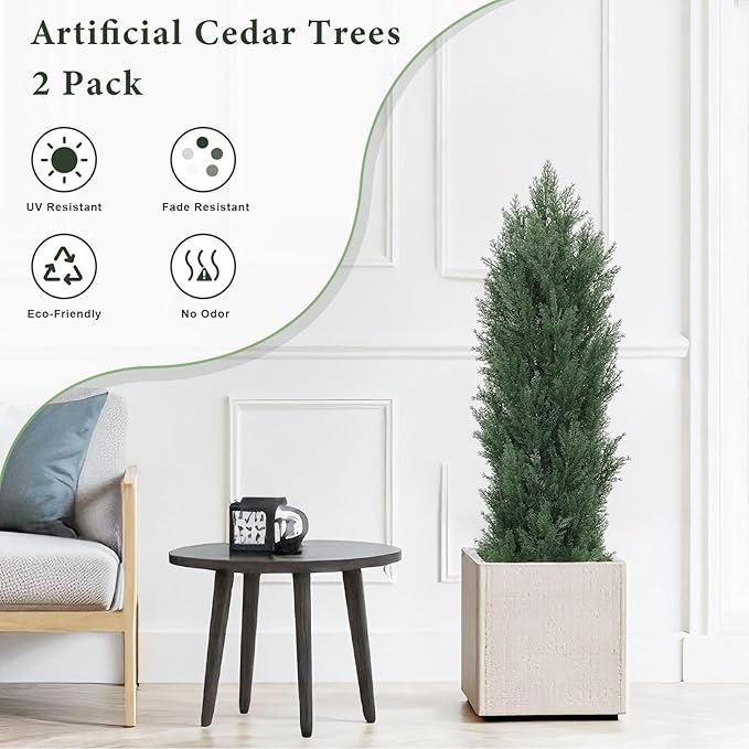 THE BLOOM TIMES 4ft Topiary Trees Artificial Outdoor Set of 2, UV Resistant Faux Cedar Pine Cypress Bushes & Shrubs, Fake Plants for Front Porch Outside Planter Patio Christmas Decor 4 Foot Tall