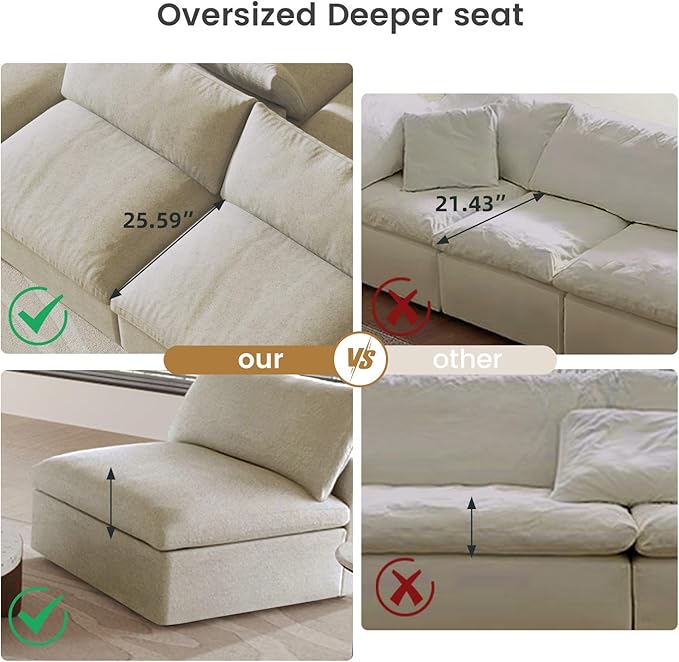 WJShome Cloud Modular Sectional Sofa,160.6" Down Filled 5 Seater Couch,V Shaped Oversized Convertible Sectional Sofa for Living Room,Covers Removable & Washable, Khaki