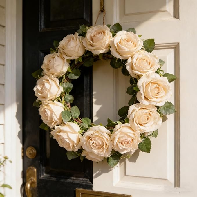 Kimura's Cabin 12pcs Lifelike Faux White Roses Artificial Plastic Silk Rose Long Stem Fake Roses Bouquet for Valentines Day Home Centerpiece Wedding Party DIY Decoration (White)