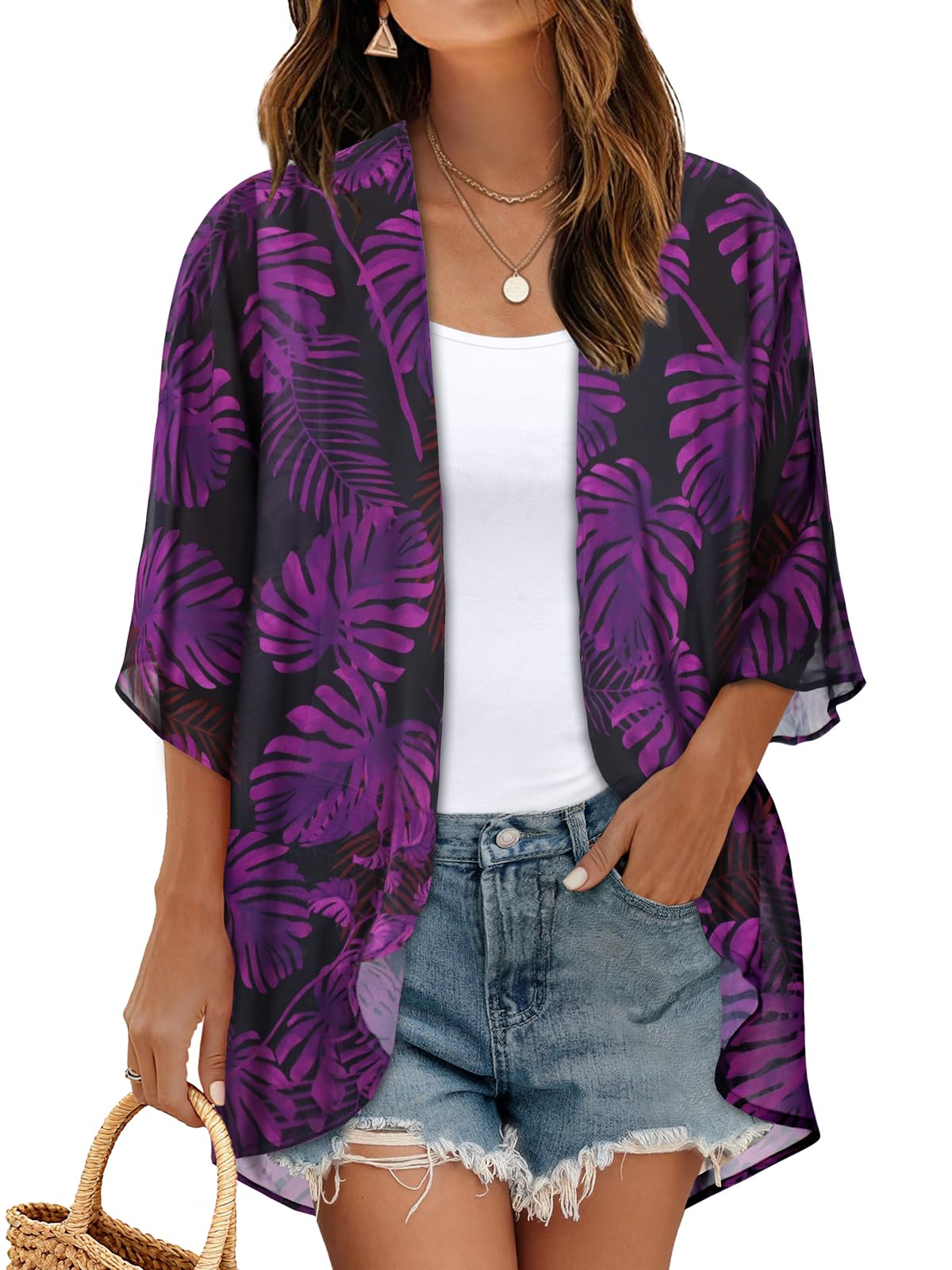Women's Floral Kimono Cardigan Cover Up Casual Tops,Black Purple Leaves,XXL