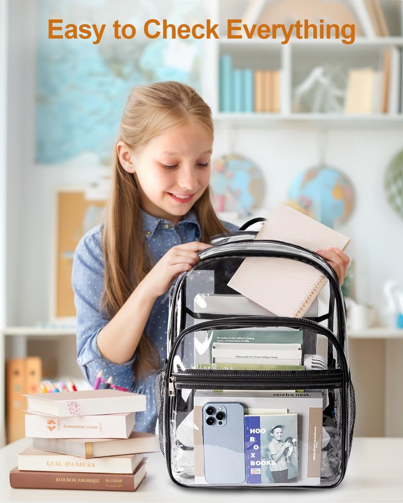 KIMNERPU Clear Backpack, Heavy Duty Transparent Bookbag for School with Reinforced Strap for Women, Men, Capacity Bag for College Clear