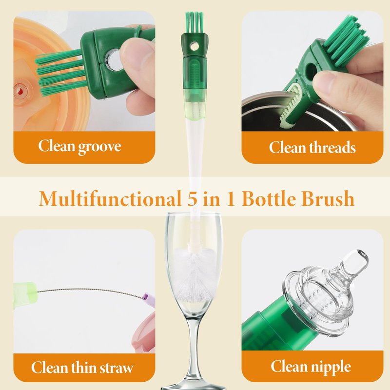 5 Pack Water Bottle Cleaner Brush Set for Hygiene Conscious People: 5 in 1 Removable Multifunctional Water Bottle Brush Cleaning Tools - Easily Cleans the Cup Mouth Lid Bottom and Straw