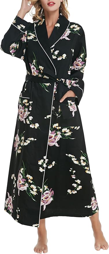 Lavenderi Women’s 100% Cotton Long Kimono Lounge Bathrobe Robe, Ladies Loungewear for Spa