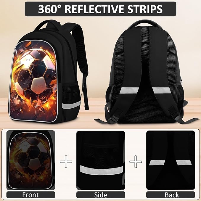School Backpack for Boys - 4pcs Soccer Boys Backpack with Lunch Box and Pencil Case for Kids Children Teens Elementary Middle School - Students Bag for Ages 6-18,17″Bookbag Travel Back Pack