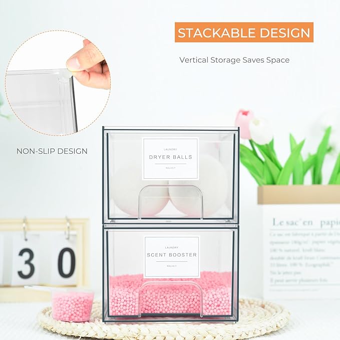4 Pack Laundry Room Organization Storage Drawers with Labels, Clear Stackable Dryer Sheet Holder and Pod Containers, Detergent Dispenser for Laundry Room Organizing and Decor