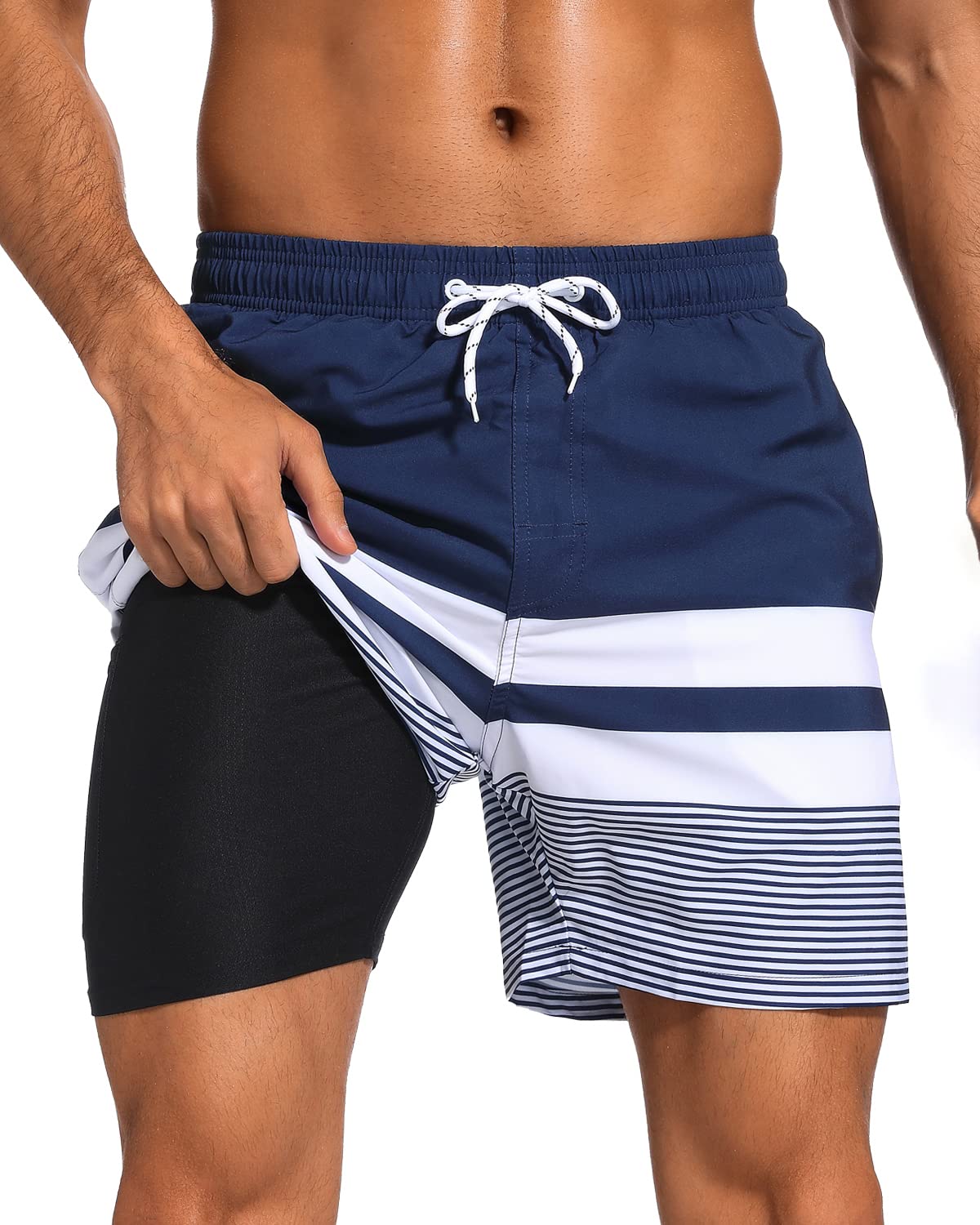 SILKWORLD Quick Dry Mens Swim Trunks with Compression Liner Stretch Swim Shorts Bathing Suits with Zipper Pockets,Dark Navy&White Stripes,X-Large