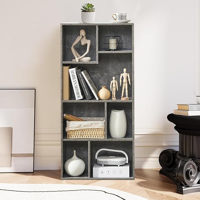 VECELO 42" Contemporary Bookshelf, 7 Cube Organizer Bookcase,Fits Tallest Hardcovers, Horizontal Available,Floor Standing Display,Easy Assembly, Gray