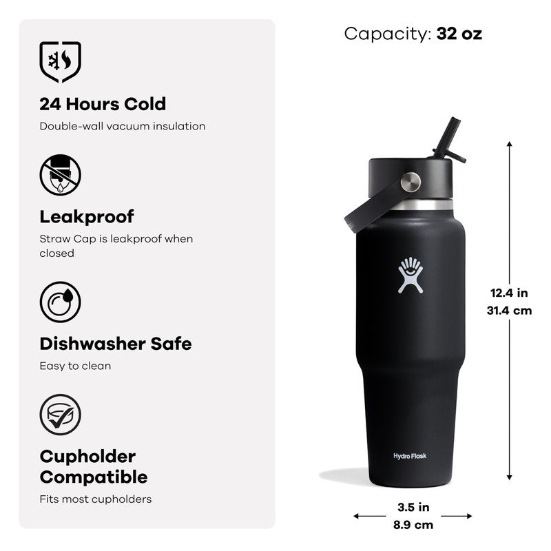 Hydro Flask Travel Water Bottle - Insulated Stainless Steel - Wide Straw Lid, Non Spill, Leakproof in 32 Oz Agave Green