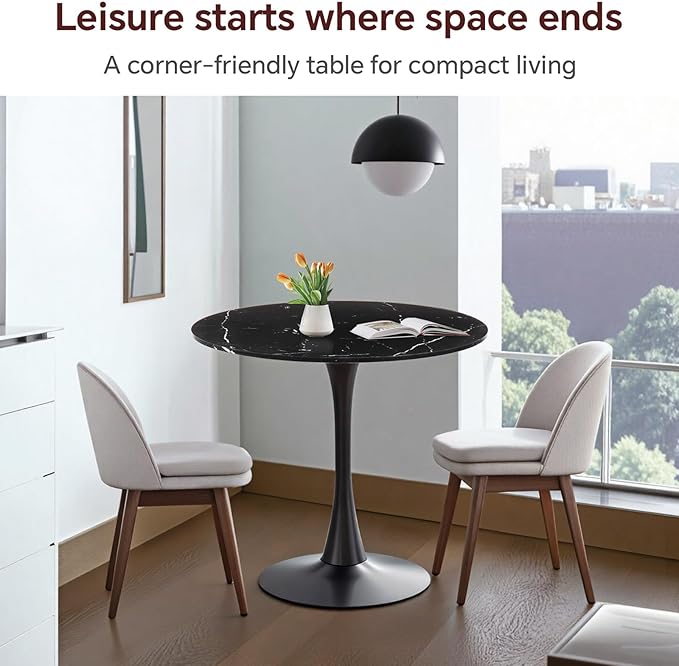 Small Space 31.5 Inch Black Faux Marble Round Tulip Dining Table - Mid Century Pedestal Base Kitchen Table for 2-4 People - Easy Assembly & Easy to Clean