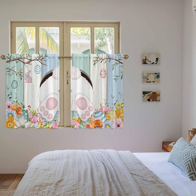 Easter Kitchen Tier Curtains 45 Inch Long 2 Panel Set, Rod Pocket Short Window