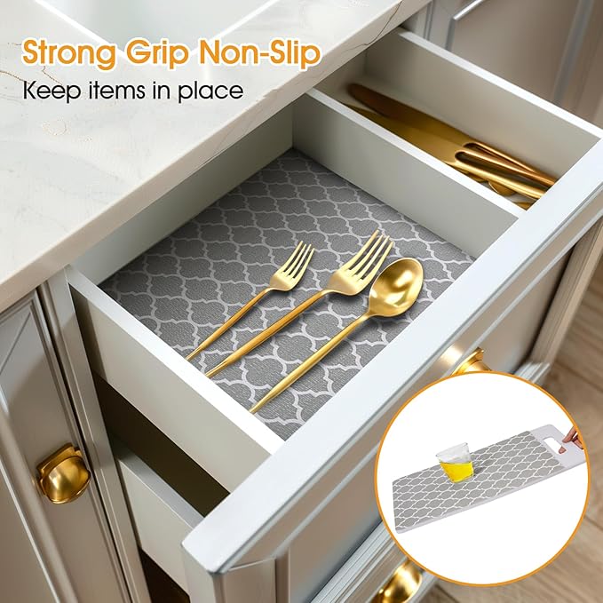 Shelf and Drawer Liner for Kitchen Cabinets Non-Adhesive, Strong Grip Non-Slip Thickened Cabinet Liners for Shelves, Waterproof Mats for Dresser Cupboard, Gray, 12 in x 20 Feet