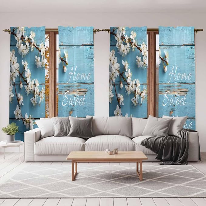 Farmhouse Wooden Grain Kitchen Curtains, Vintage Shabby Chic Flower Blue Light
