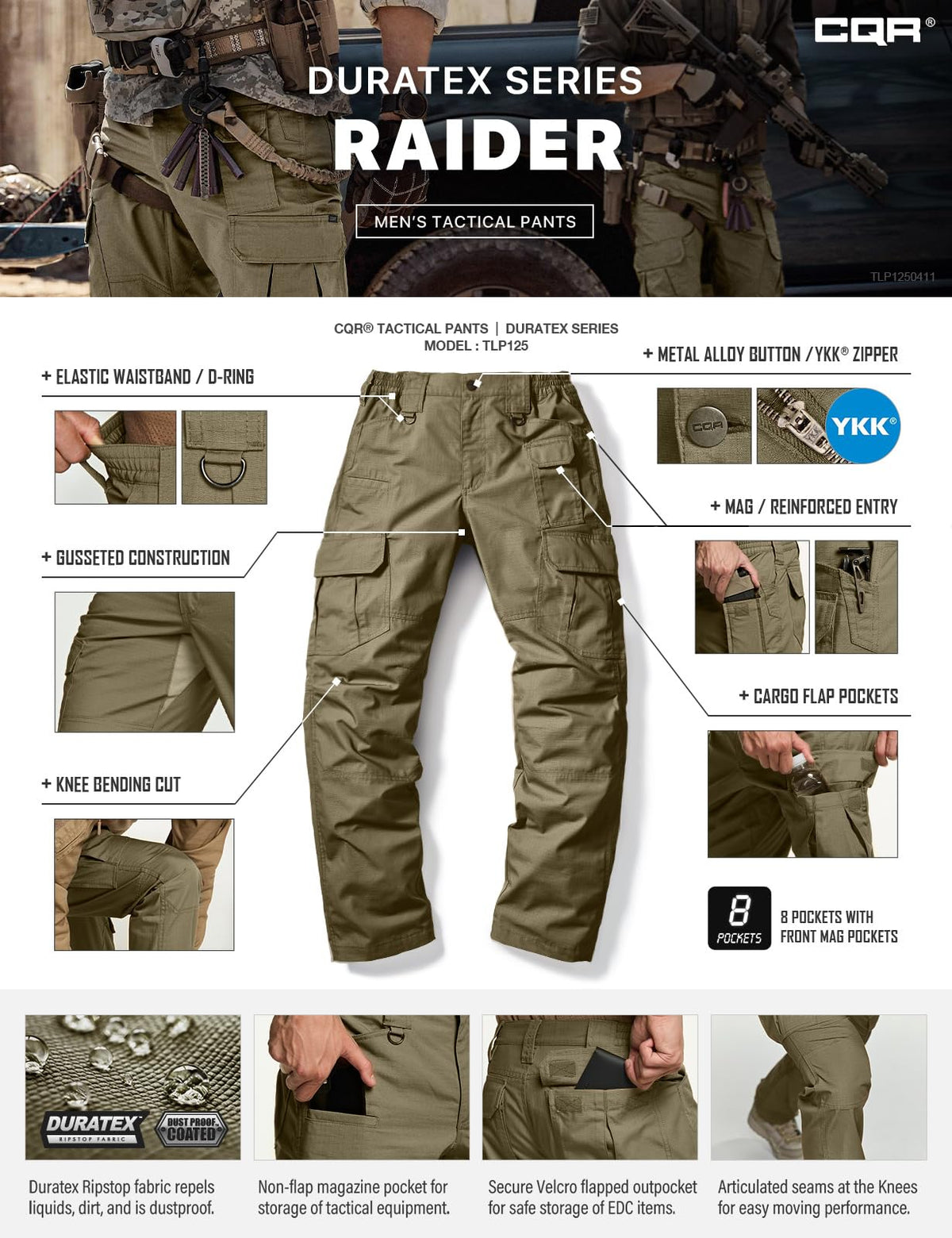 CQR Men's Tactical Pants, Water Resistant Ripstop Cargo Pants, Lightweight EDC Work Hiking Pants, Outdoor Apparel, Raider Mag Soil Green, 36W x 30L