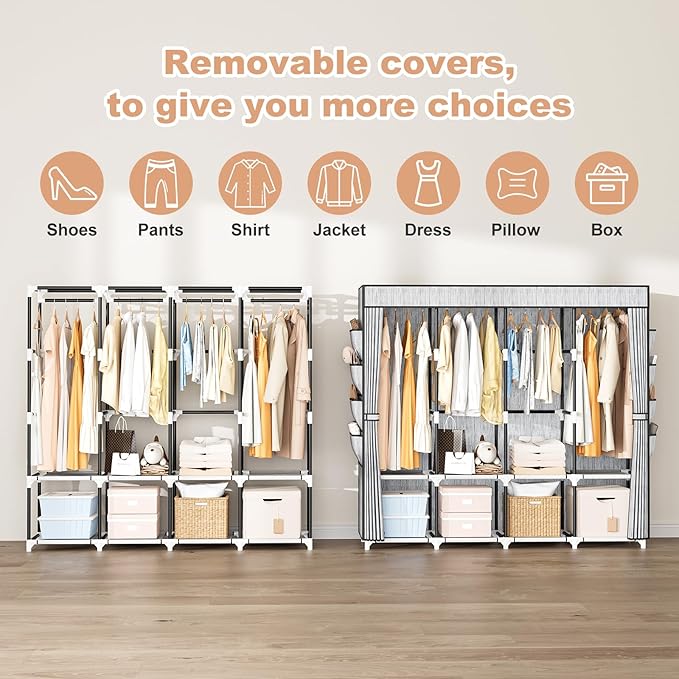 Portable Closet for Hanging Clothes, 67 Inch Wide Portable Wardrobe Closet with Cover, 4 Hanging Rod, Storage Shelves and Side Pockets, Large Free Standing Closet for Bedroom, Printing
