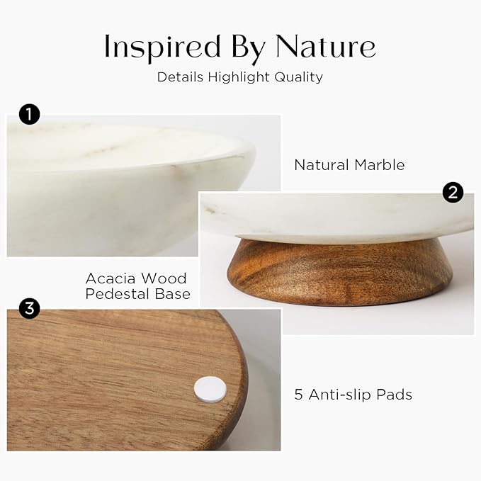 White Marble Fruit Bowl with Acacia Wood Pedestal, Large Decorative Footed Bowl, Natural Stone Centerpiece for Kitchen Counter, Entryway, Keys, Dining Table, House Warming Gifts New Home(11Inch)