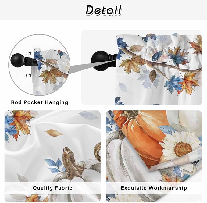 Navy Blue Pumpkin Fall Kitchen Tier Curtains 36 Inch Long 2 Panel Set, Rod