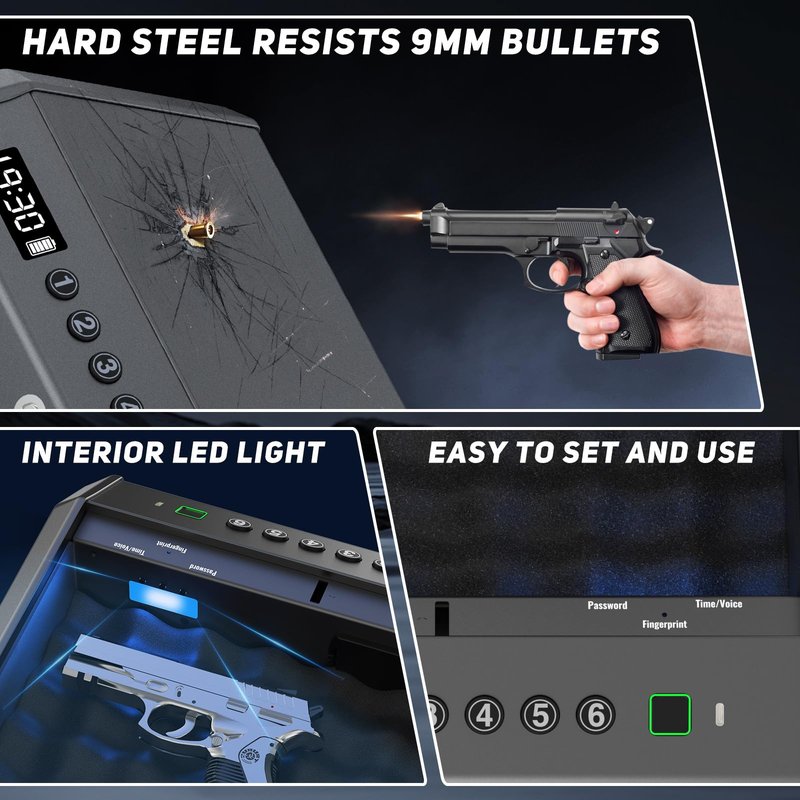 Biometric Gun Safe for Pistols Handgun Safe with Fingerprint Digital PIN Key Gun Lock Box Storage for Home Bedroom Bedside Nightstand and Car, 5-Ways unlock with Emergency Power Supply